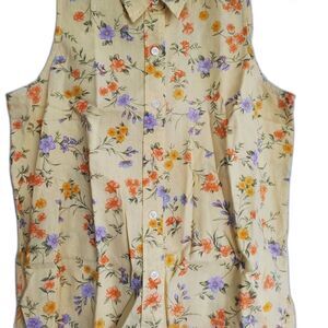 Jones NY Sport Women's Button Up Sleeveless Yellow Linen/Cotton Floral Top 8P